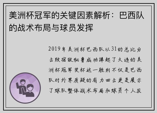 美洲杯冠军的关键因素解析：巴西队的战术布局与球员发挥